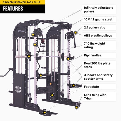 Jacked Up Power Rack PLUS All-Inclusive Functional Trainer Cable Crossover Cage Home Gym w/ Smith Machine