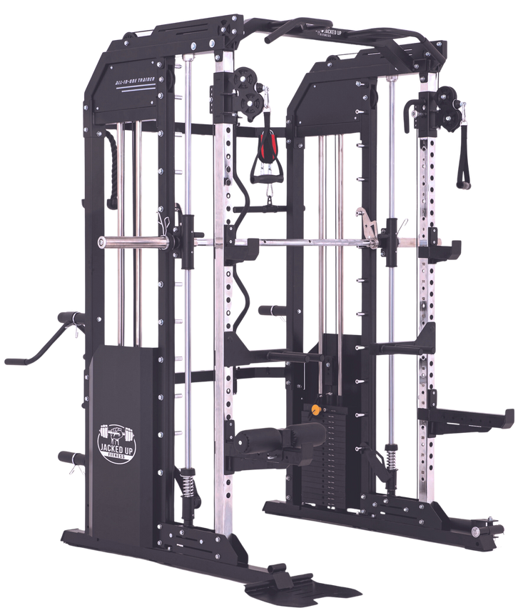 Jacked Up Power Rack PLUS All-In-One Functional Trainer Cable Crossover Cage Home Gym w/ Smith Machine