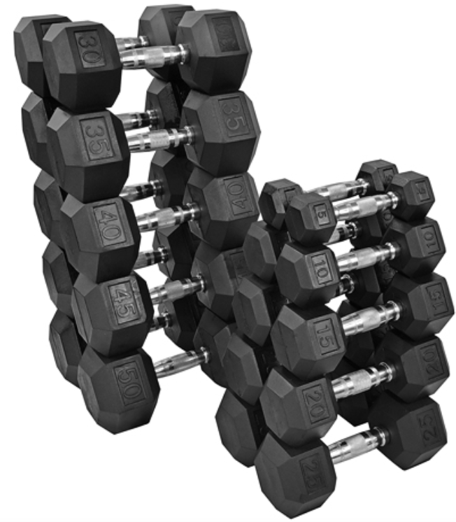 Rubberized Dumbbells 5-50 Pound Set With Rack (Pre-Order and Save $300!)